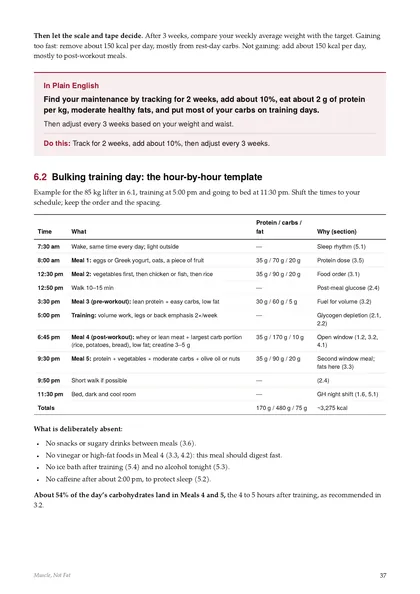 Page with an hour-by-hour bulking training day template